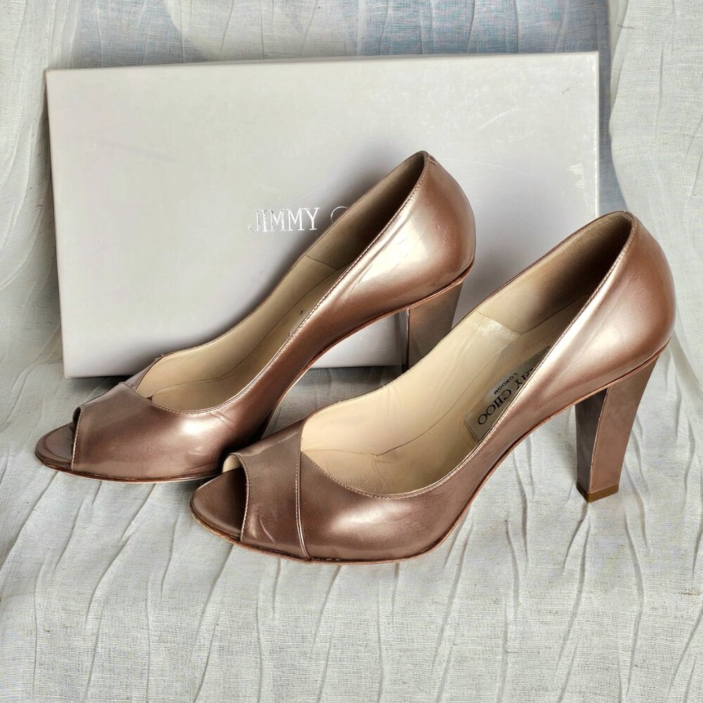 Jimmy Choo Pink Champagne Metallic Leather Peep Toe Heels 39 Box Dust Bag